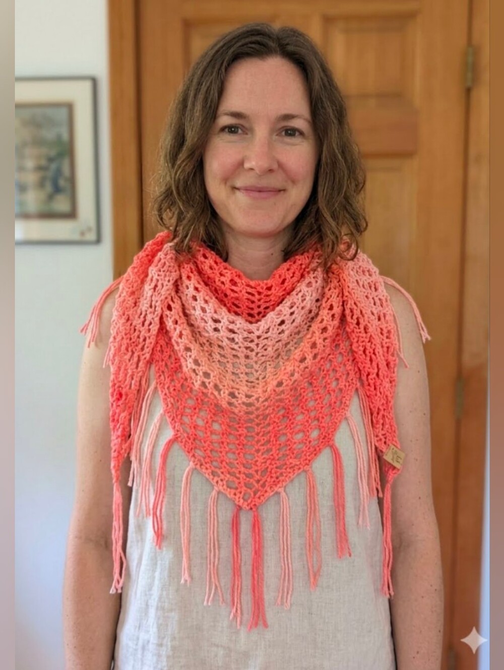 Hand Knit Acrylic Triangle Shawl Wrap Scarf W/ FRINGE Tassels Peach Coral